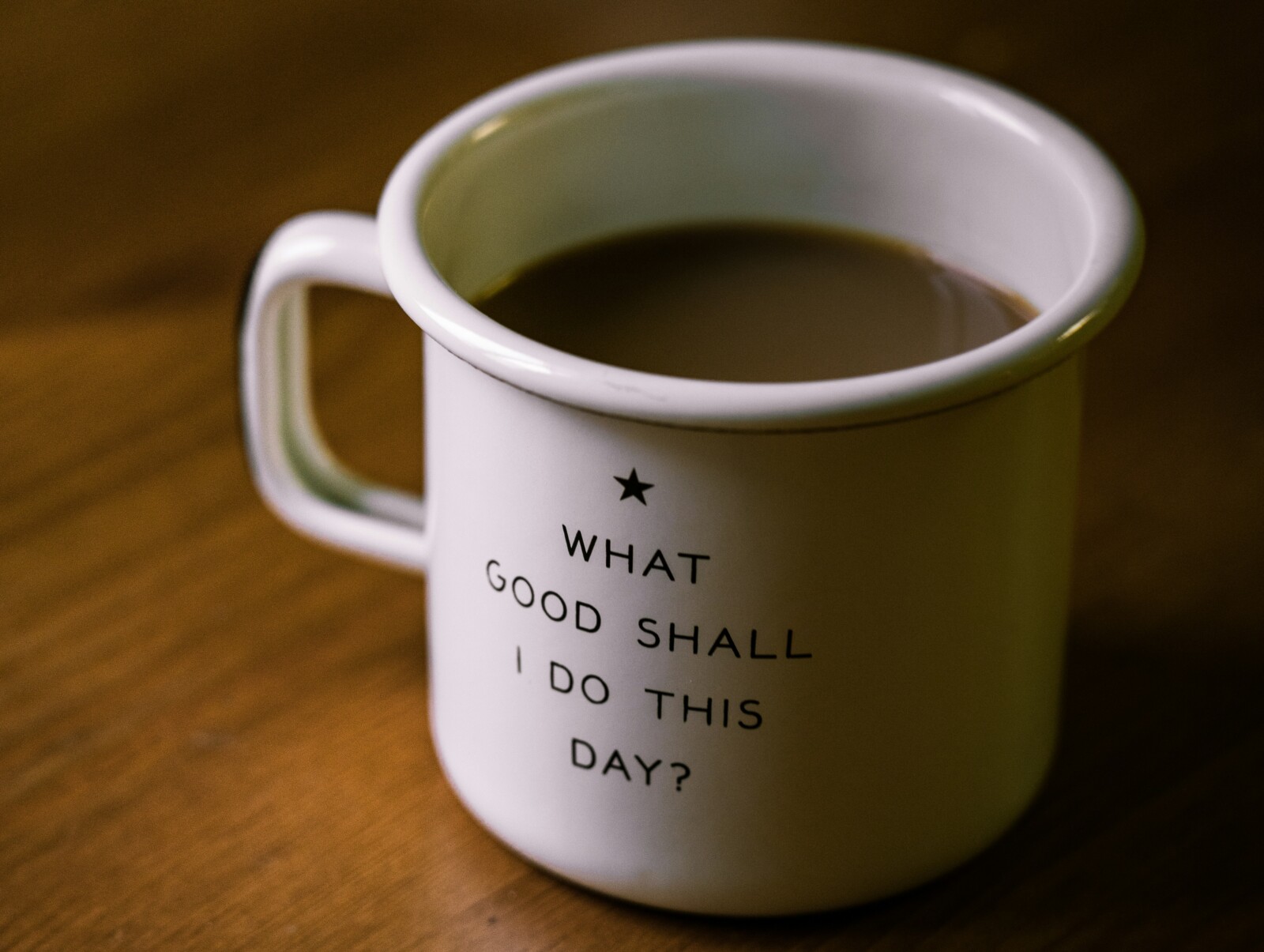 Mug with coffee on brown table that says "What Good Shall I Do This Day?"